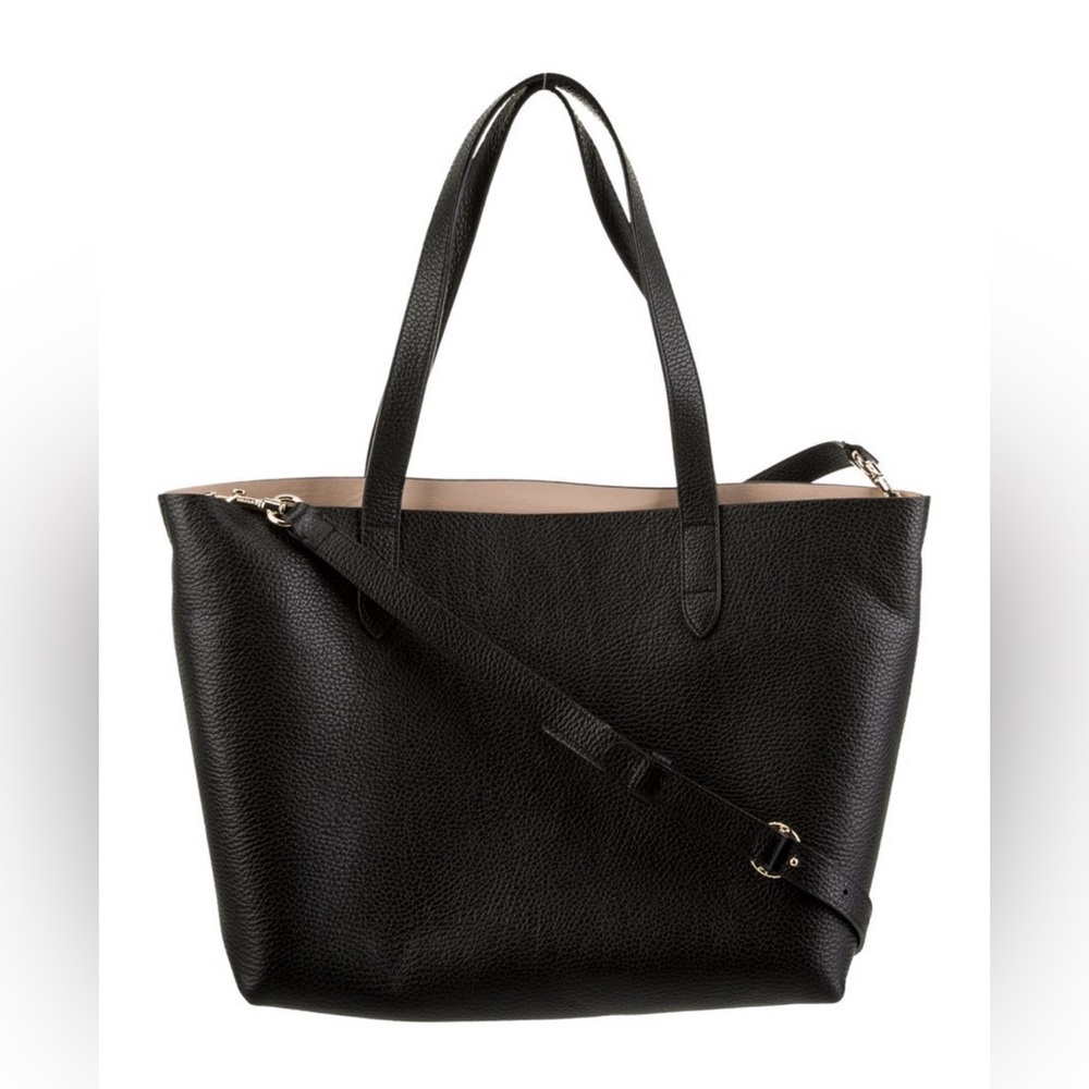 CUYANA Black Leather Messenger Tote with Tan Interior
